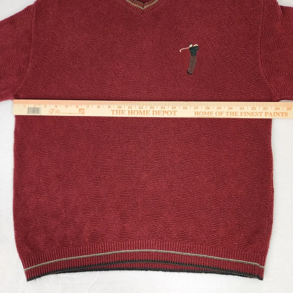 Haggar Tour Mens XL V-Neck Sweater Burgundy Red Diamond Knit Golf Embroidered
